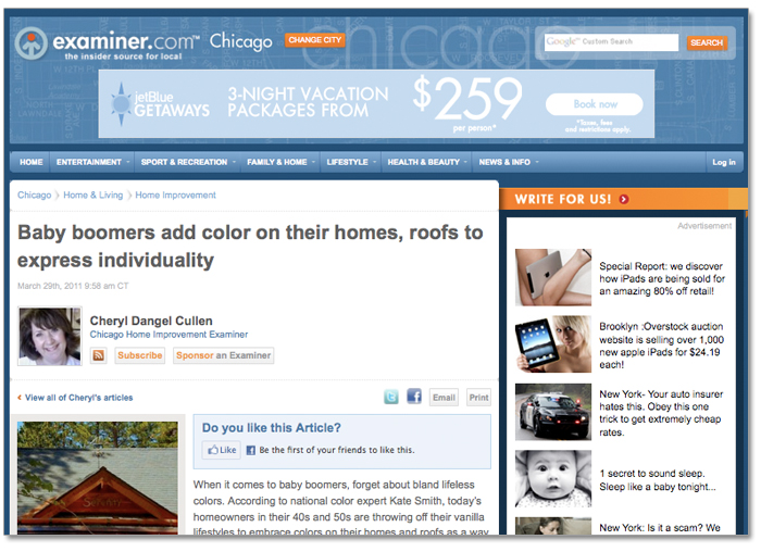 Chicago Examiner article quotes Color Expert Kate Smith Baby boomers add color on their homes, roofs to express individuality